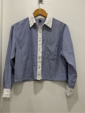 Magaschoni Linen Blend Cropped Top Blue White Stripe XS Button Front